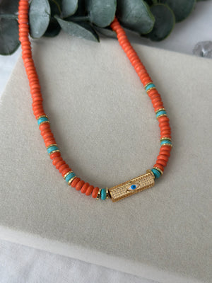 Turuncu Boncuk Ucu Çelik Silindir Kolye