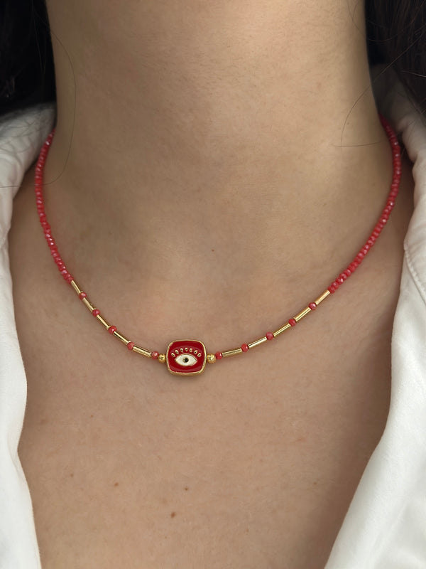 Kırmızı Göz Plaka Boncuk Kolye