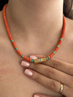 Turuncu Boncuk Ucu Çelik Silindir Kolye