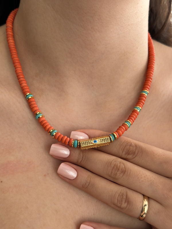 Turuncu Boncuk Ucu Çelik Silindir Kolye