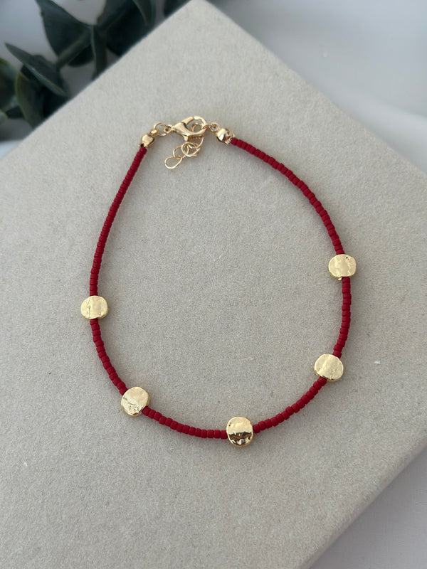 Gold Plaka Aralıklı Bordo Taş Halhal