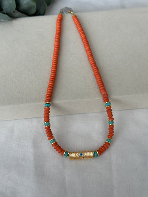 Turuncu Boncuk Ucu Çelik Silindir Kolye