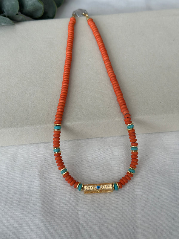 Turuncu Boncuk Ucu Çelik Silindir Kolye