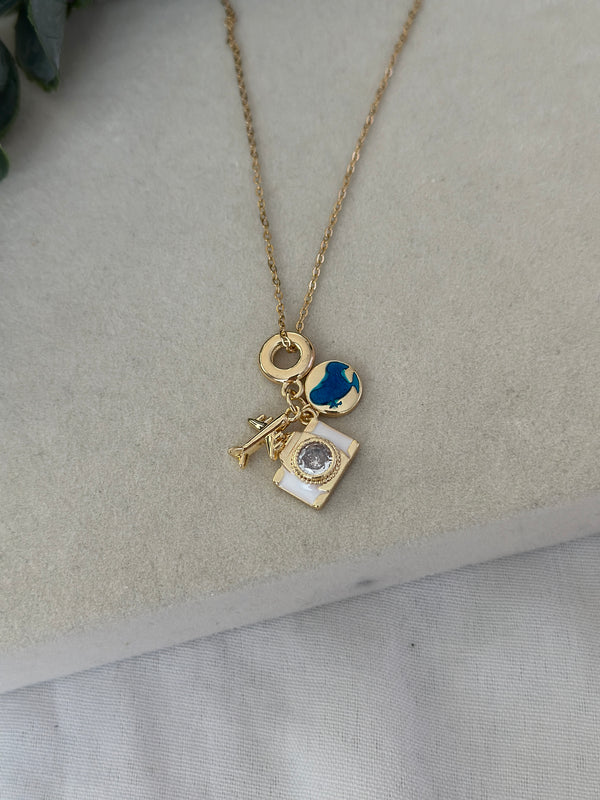 Çelik Kamera-Dünya-Uçak Charmlı Kolye