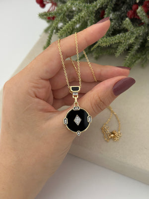 Siyah Mineli Daire İçi Zirkon Taşlı Kolye