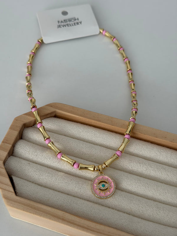 Göz Charmlı Pembe Boncuk Kolye
