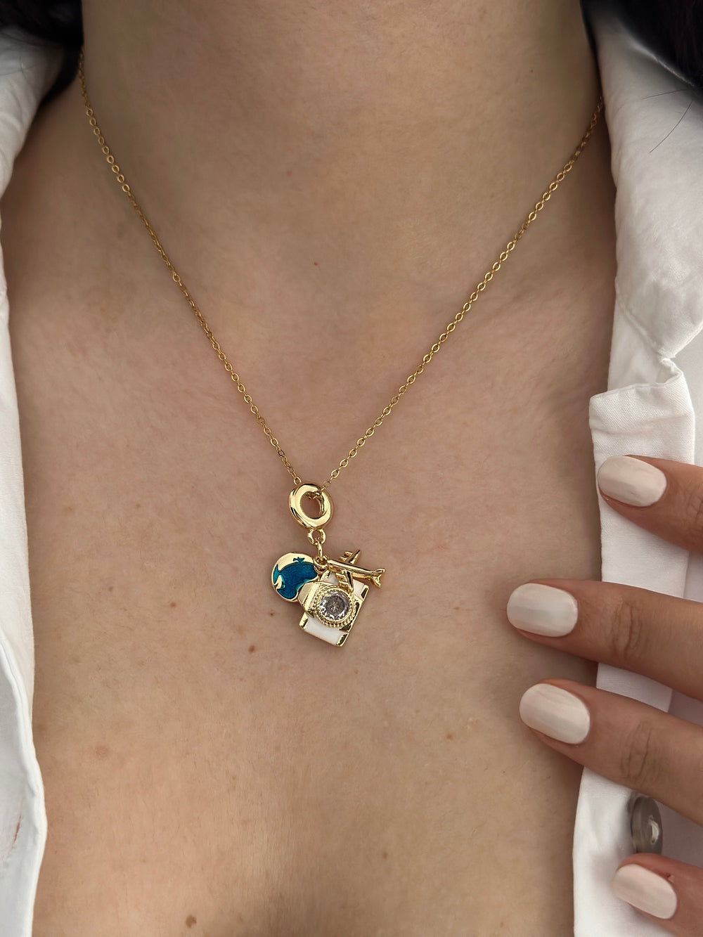 Çelik Kamera-Dünya-Uçak Charmlı Kolye