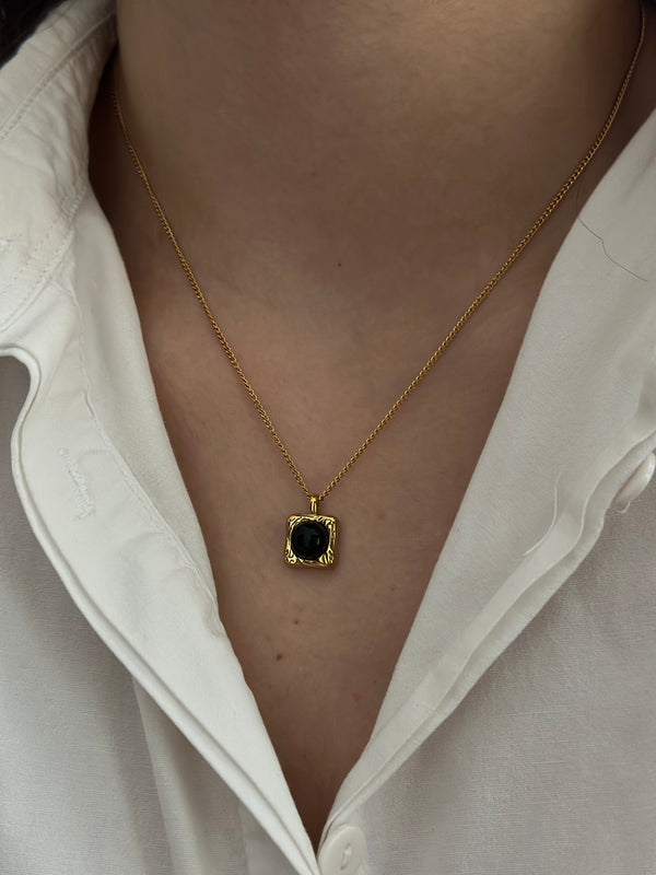 Çelik Siyah Taş Boho Kolye