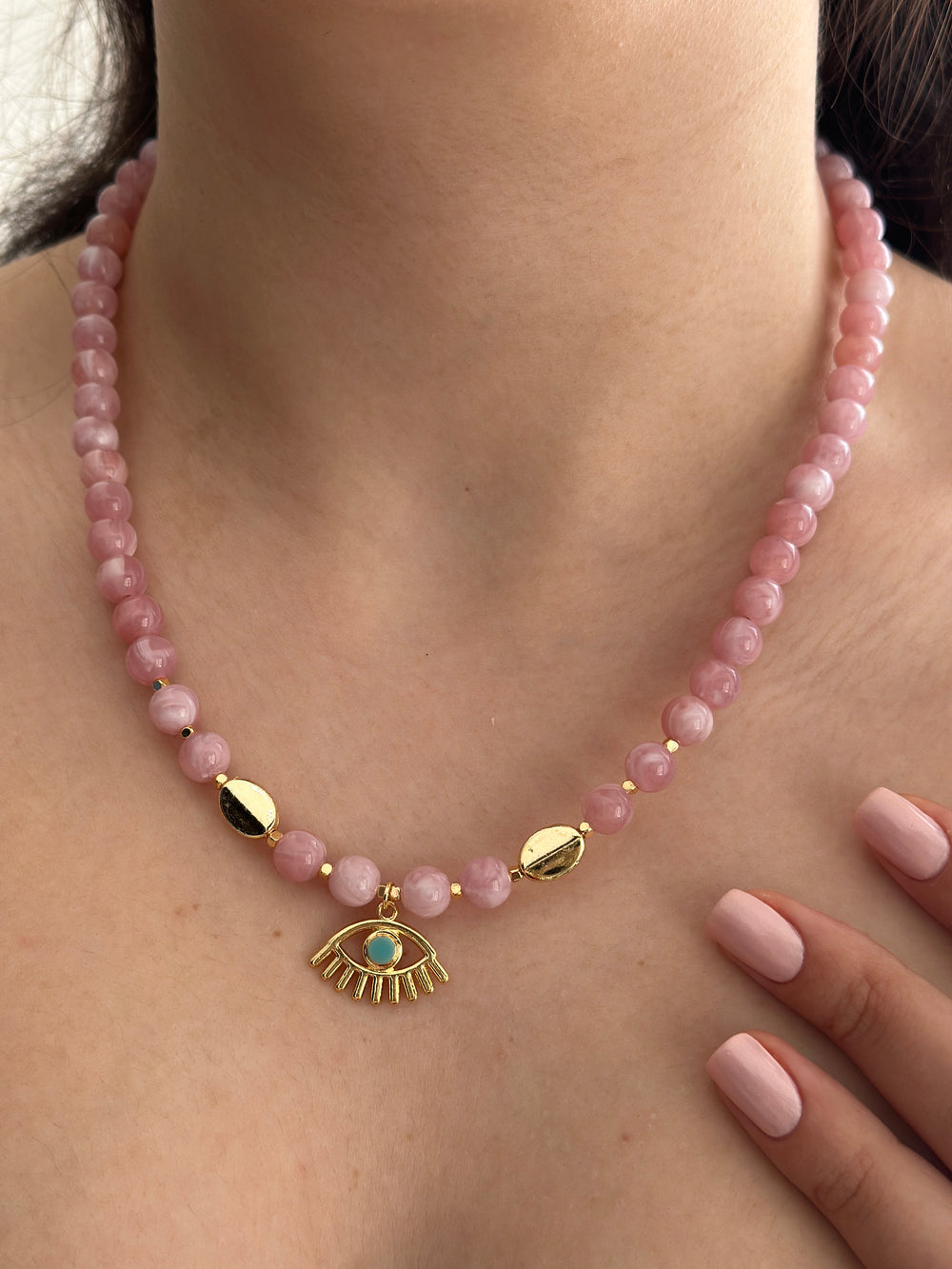 Pembe Boncuk Ucu Göz Detay Kolye