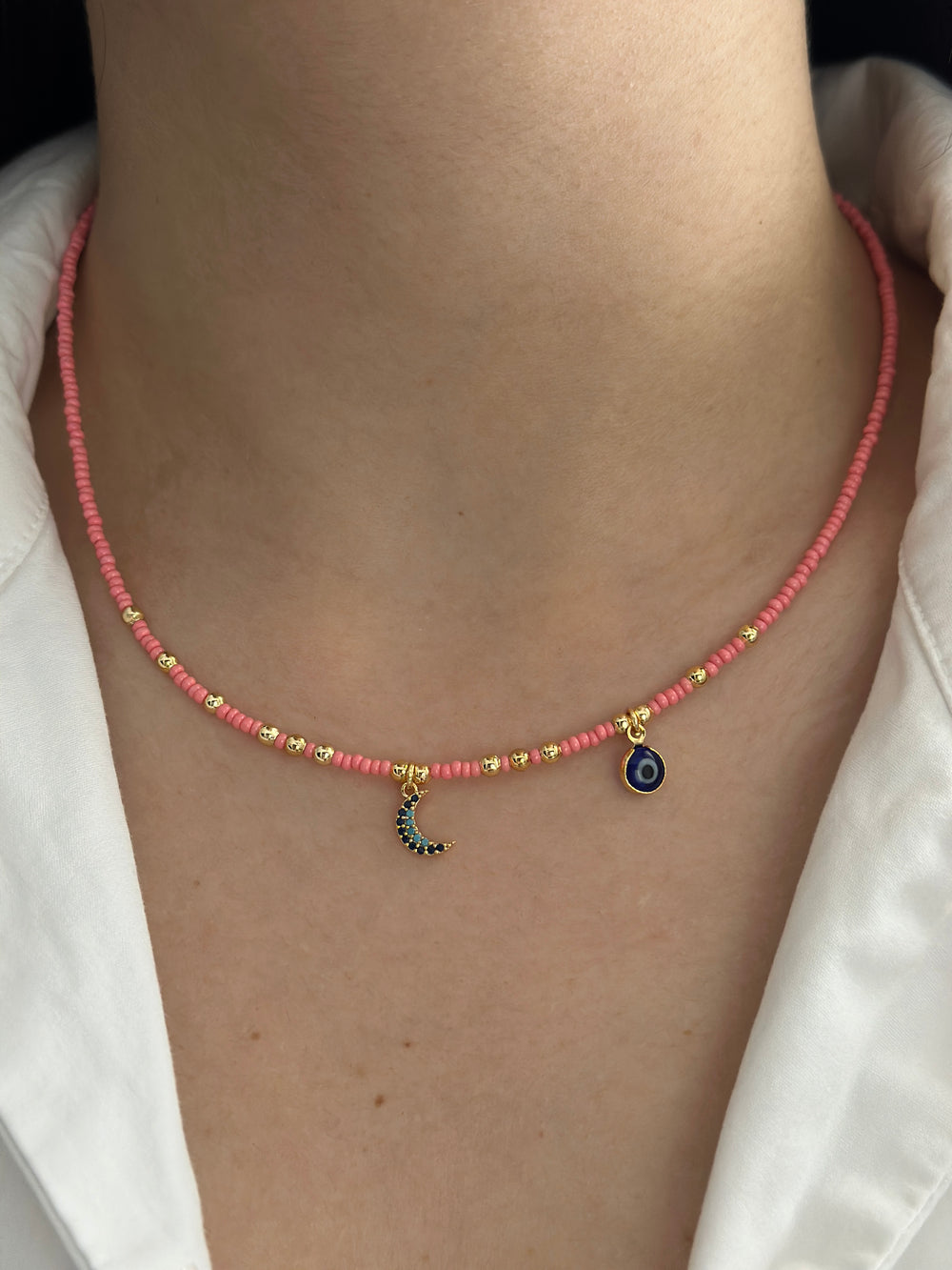Pembe Boncuklu Ay-Nazar Kolye
