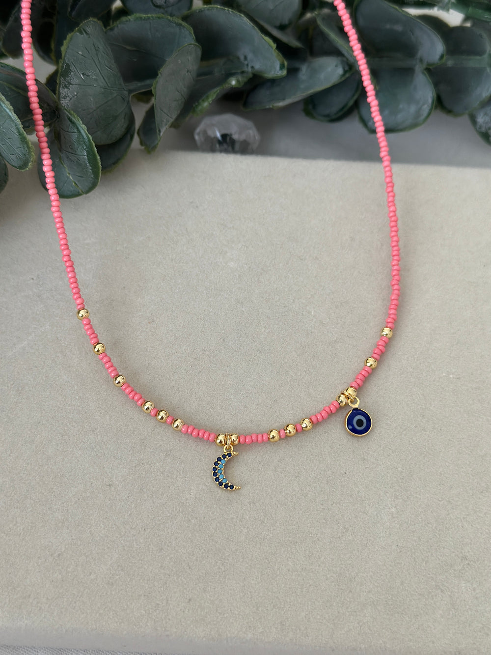 Pembe Boncuklu Ay-Nazar Kolye