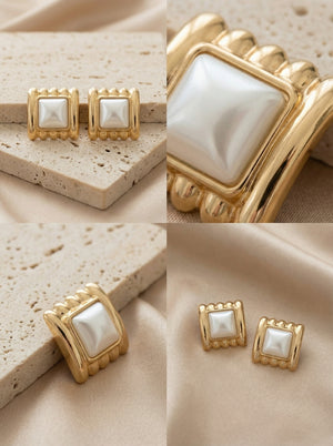 Kare Plaka İncili Küpe