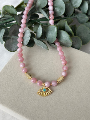 Pembe Boncuk Ucu Göz Detay Kolye