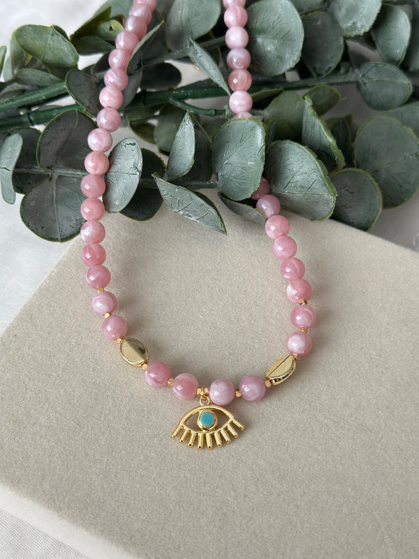 Pembe Boncuk Ucu Göz Detay Kolye