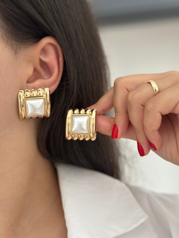 Kare Plaka İncili Küpe