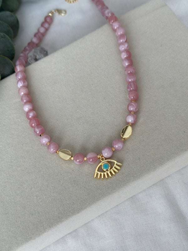 Pembe Boncuk Ucu Göz Detay Kolye