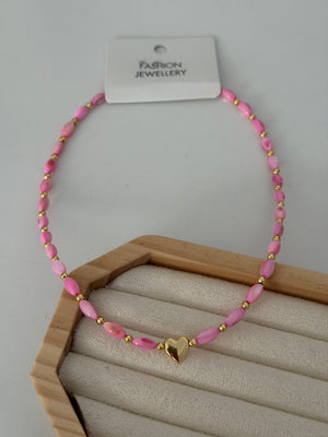 Pembe Boncuklu Kalpli Kolye