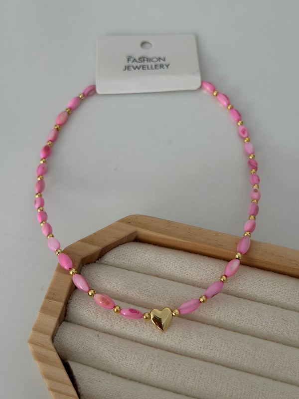 Pembe Boncuklu Kalpli Kolye